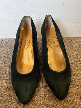 Phyllis Poland Town Shoes - Deep Green Suede Heels